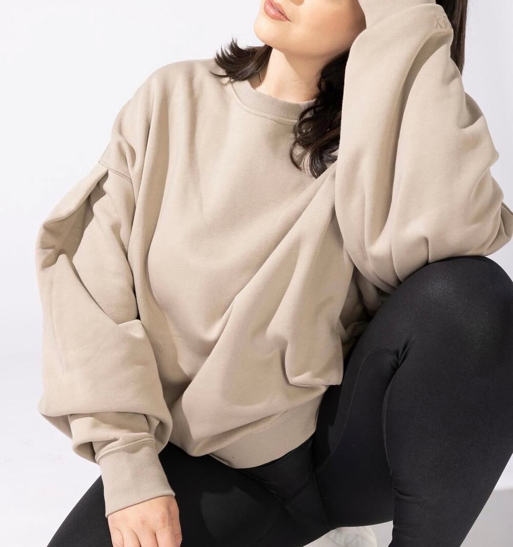 POPFLEX | Tan Taupe Brunch Puff Sleeve Crewneck Pullover Casual Loungewear